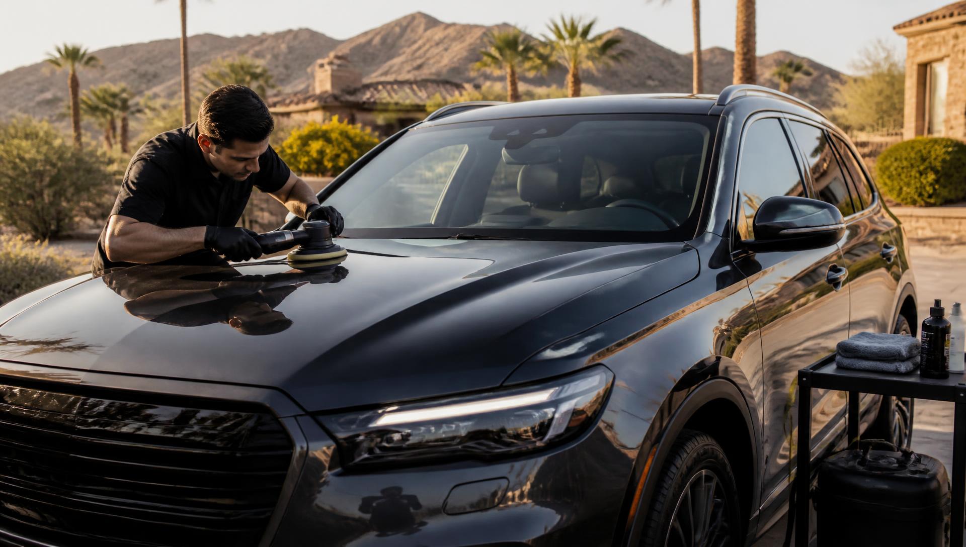 Mobile detailing van servicing a vehicle in a Las Vegas driveway